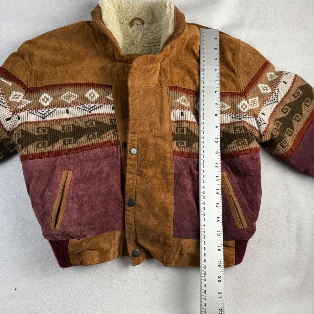 Kids Vintage Style Suede Southwestern Bomber Jacket Shearling Brown Size 12-14